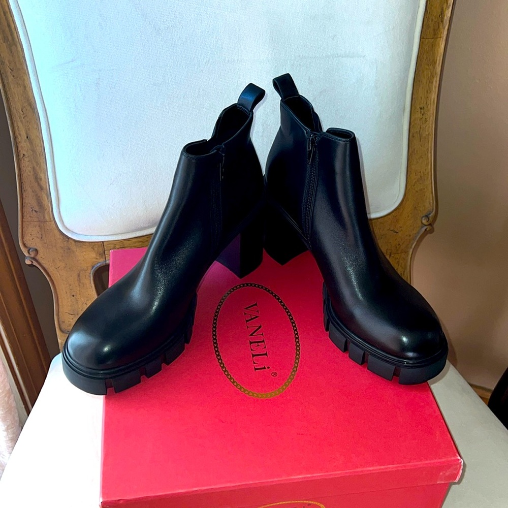 Vaneli Black Leather Lug Sole Boots